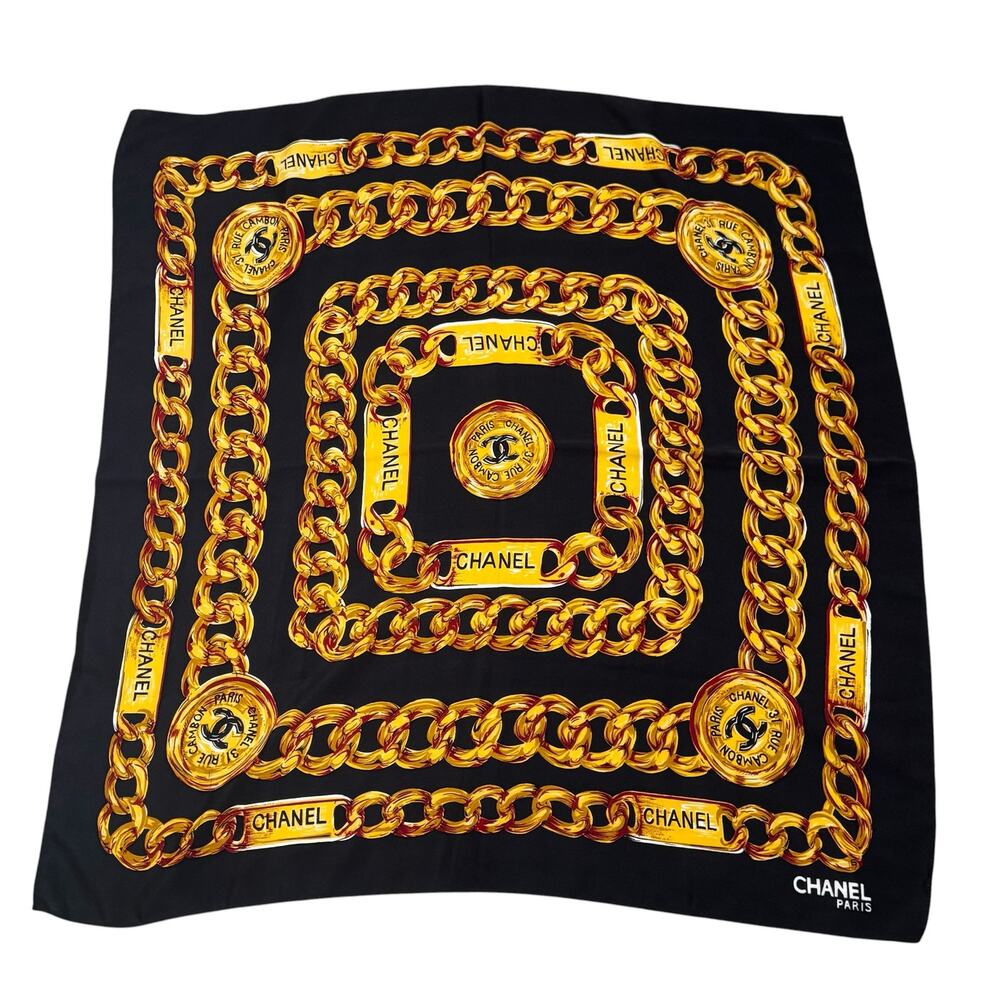 Vintage Chanel Scarf 31 Rue Cambon Paris Black Gold Chain Link